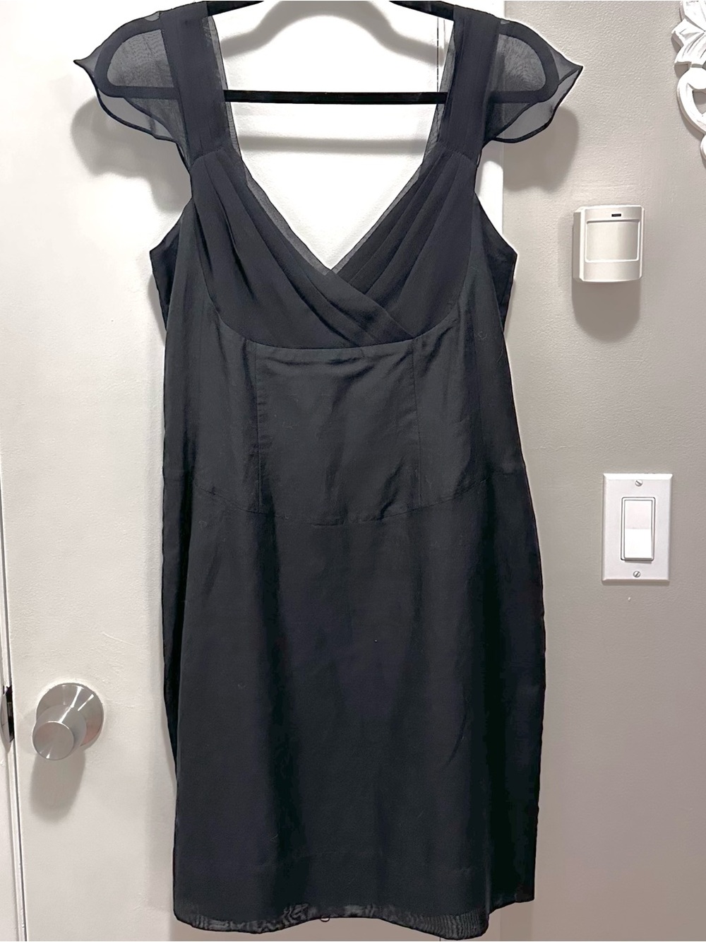 All Saints Black Rogue Mini Dress 12 Cotton & Silk LBD V-neck Sheer Slv Back Zip